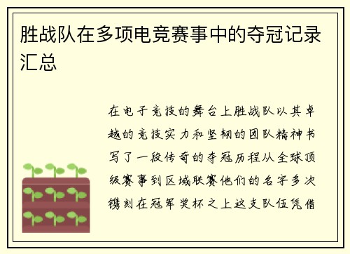 胜战队在多项电竞赛事中的夺冠记录汇总